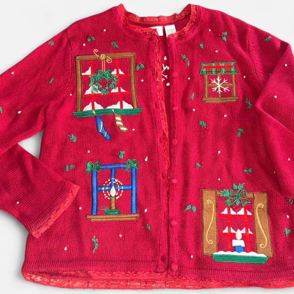 Erika Christmas Red Sweater with Window Embroidery